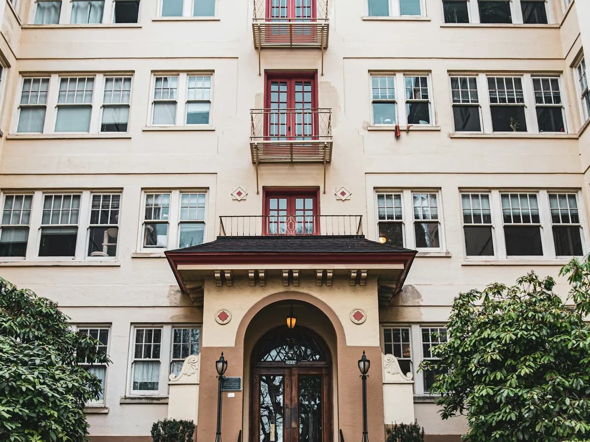 The entrance of a multi-storey apartment building