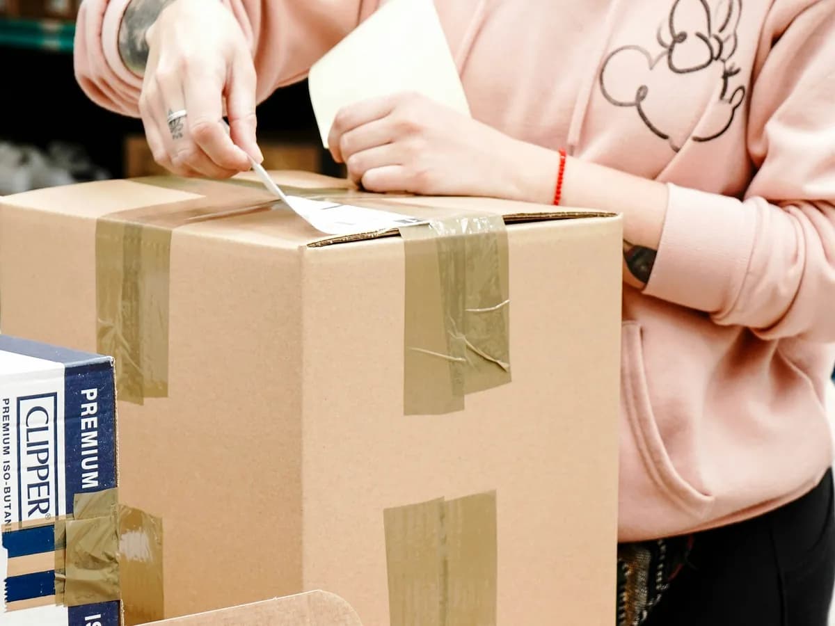 A person sticking a label on a taped moving box