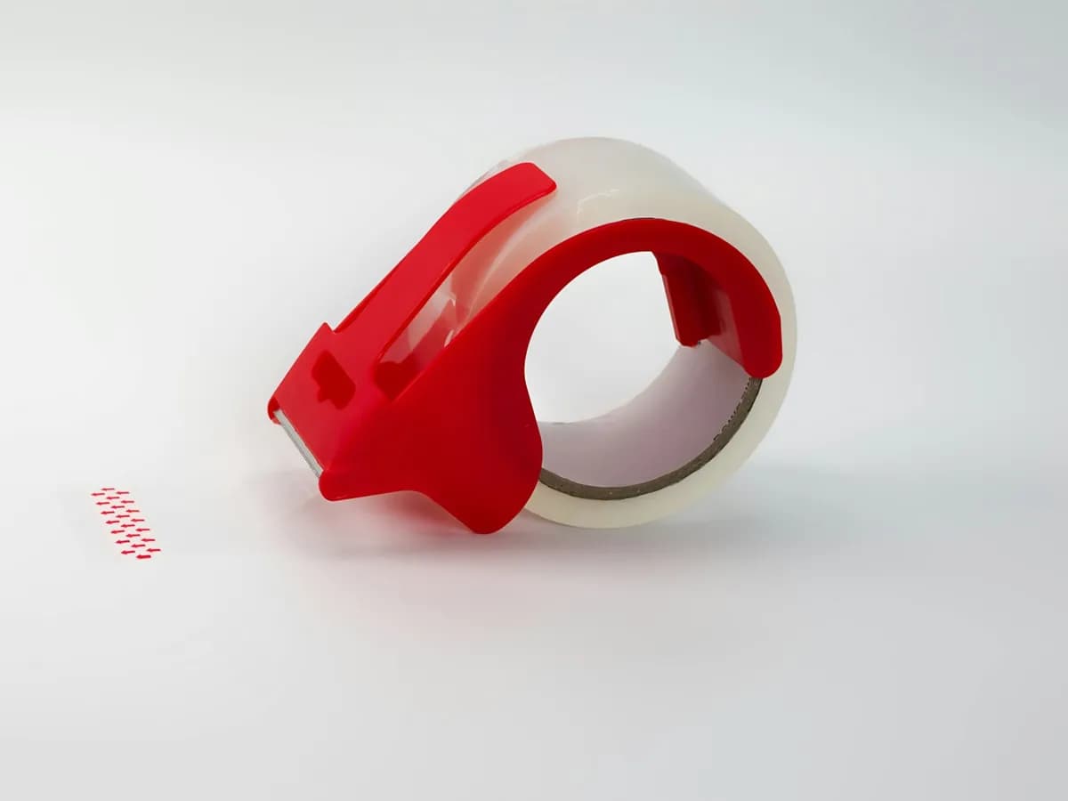 A packing tape dispenser with a roll of clear tape